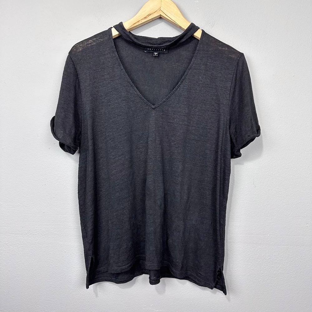 Sanctuary Linen Top Womens Size L Black Choker V-Neck Short Sleeve Knit Blouse